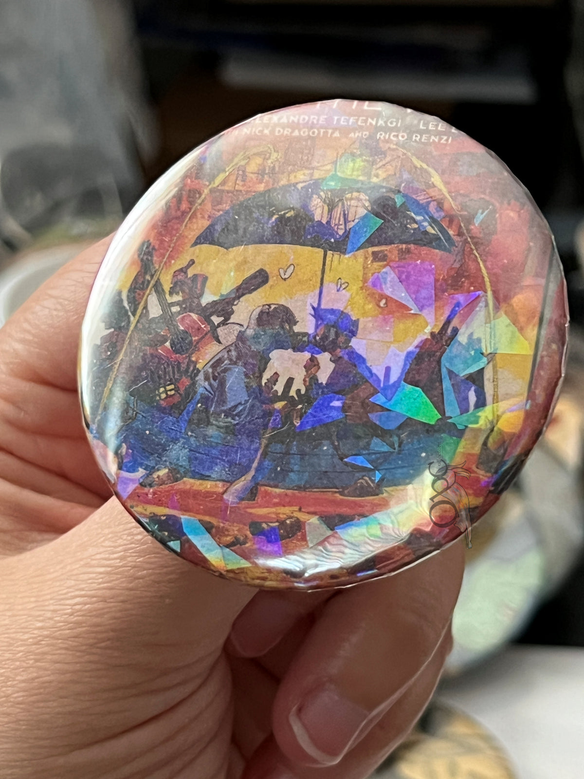 52mm Love at the End of the World OOAK Button Pinback Shattered Glass Holographic