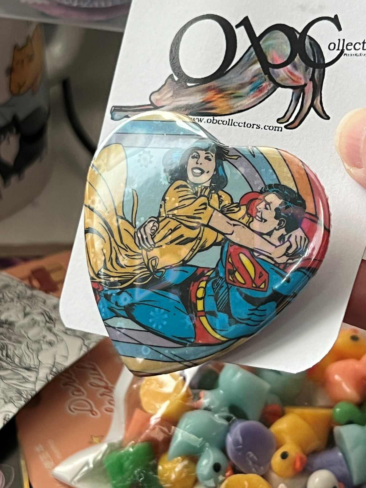 57mm Lois Lane and Superman Heart Button Pinback - Hearts Holographic