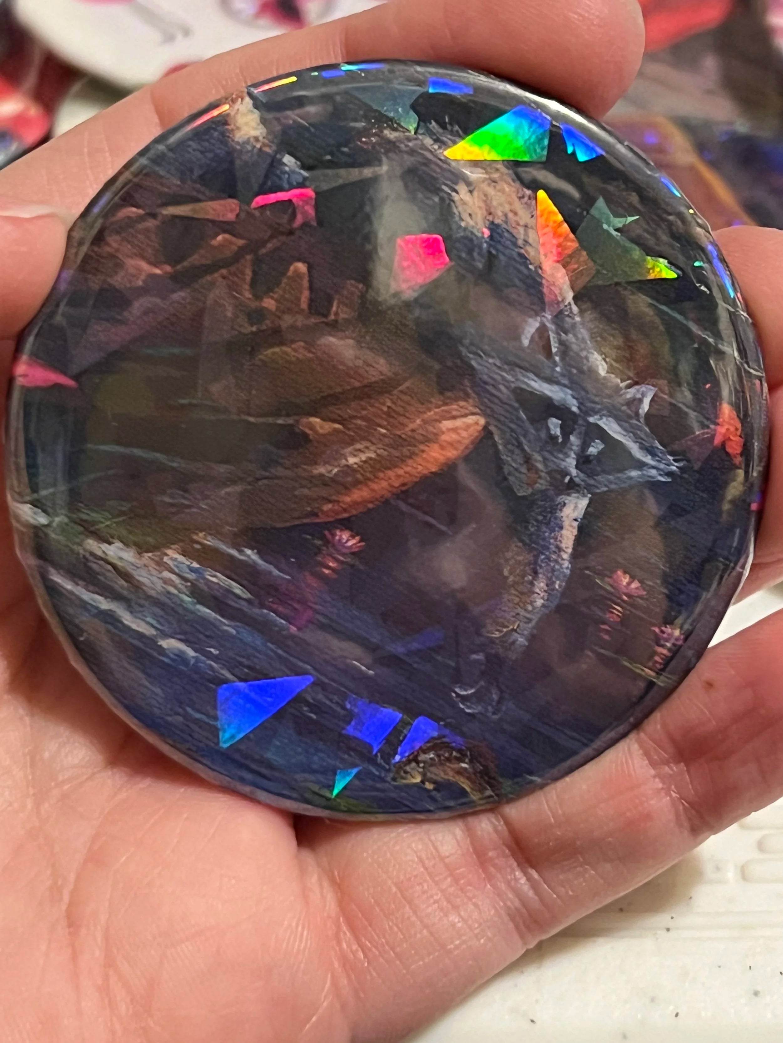 Mischievous Racoon--Gem Holographic-- 2.28" OOAK Pocket Mirror