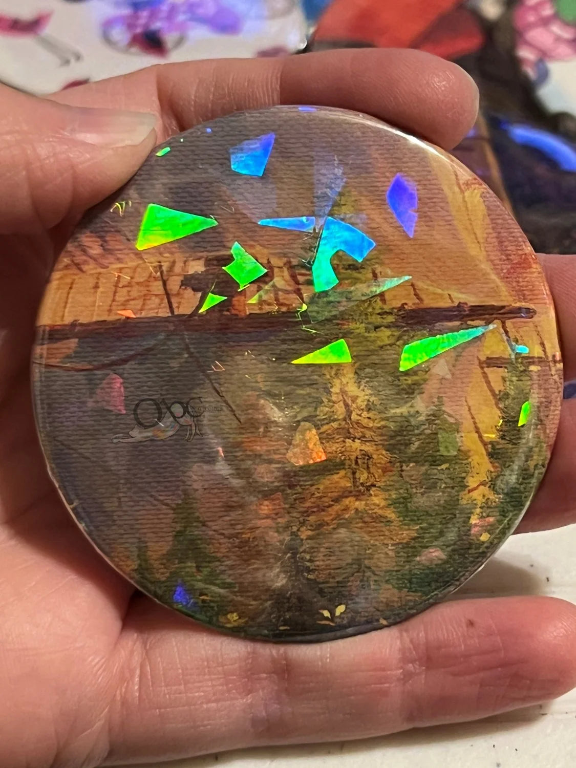 Conifer Trees with Sails  --Gem Holographic-- 2.28" OOAK Pocket Mirror