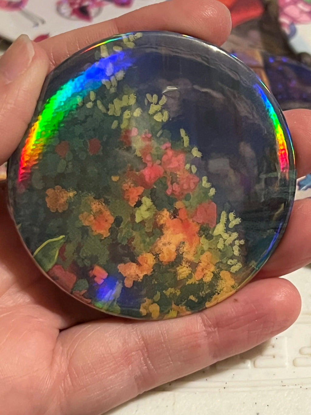 Garden Bush Red, Orange, and White Flowers --Rainbow Holographic-- 2.28" OOAK Pocket Mirror