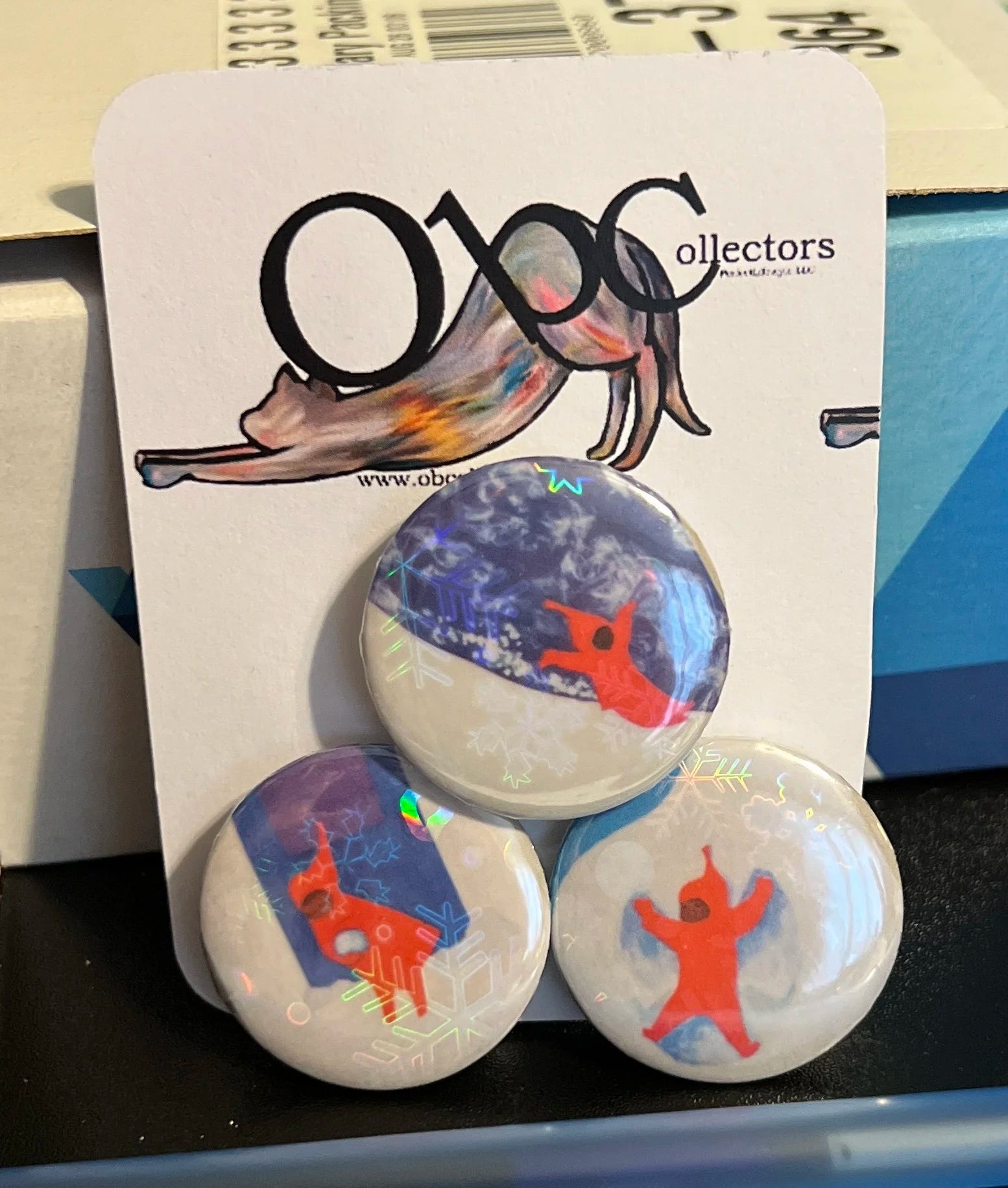 32mm 3-Pack One Fine Snowy Day (~1.25") OOAK Button Pinback - Holographic Snowflakes