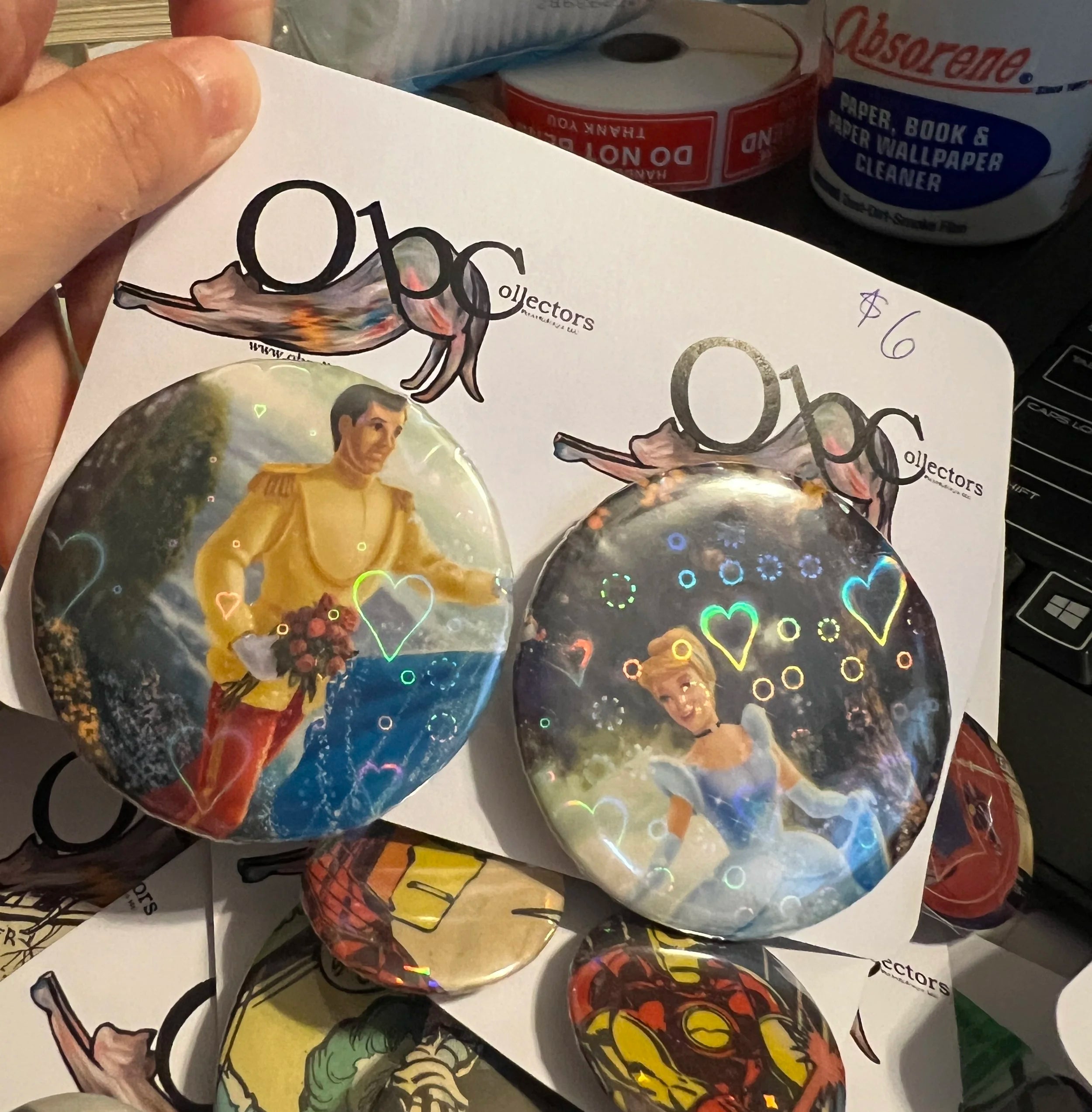 52mm Double Pack Prince Charming and Princess OOAK (~2.25") Button Pinbacks - Holographic Heart