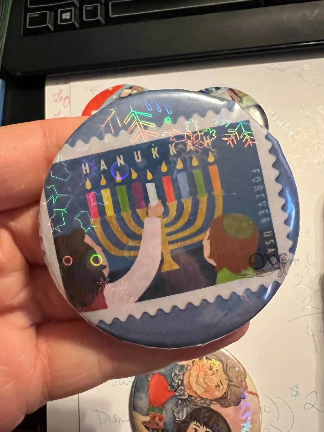 52mm Hannukah OOAK (~2.25") Button Pinback - Holographic Snowflakes