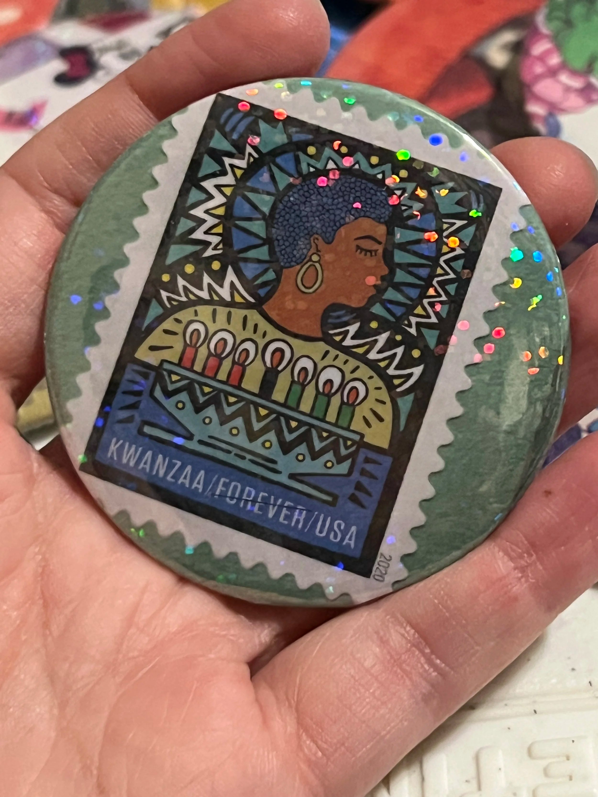 Kwanzaa -Holiday- --Dotted Holographic-- 2.28" OOAK Pocket Mirror